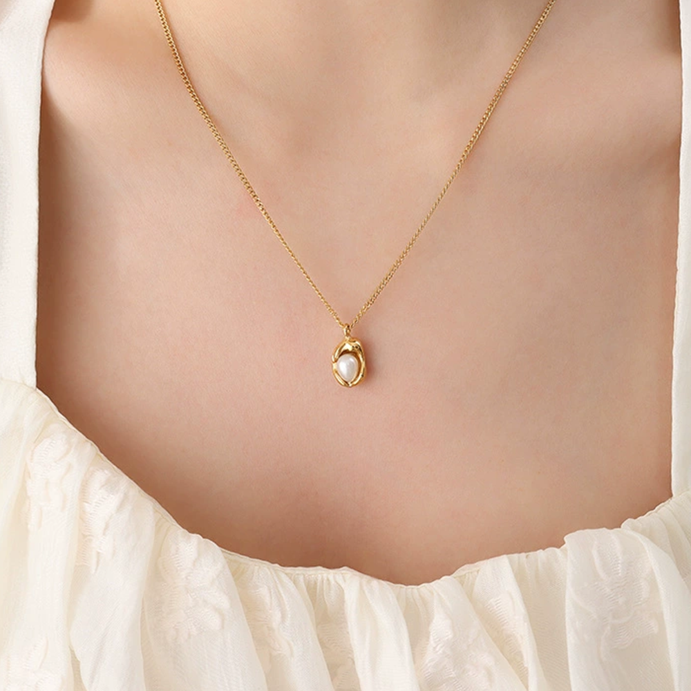 Gold Cuban Chain Necklace with Freshwater Pearl Pendant