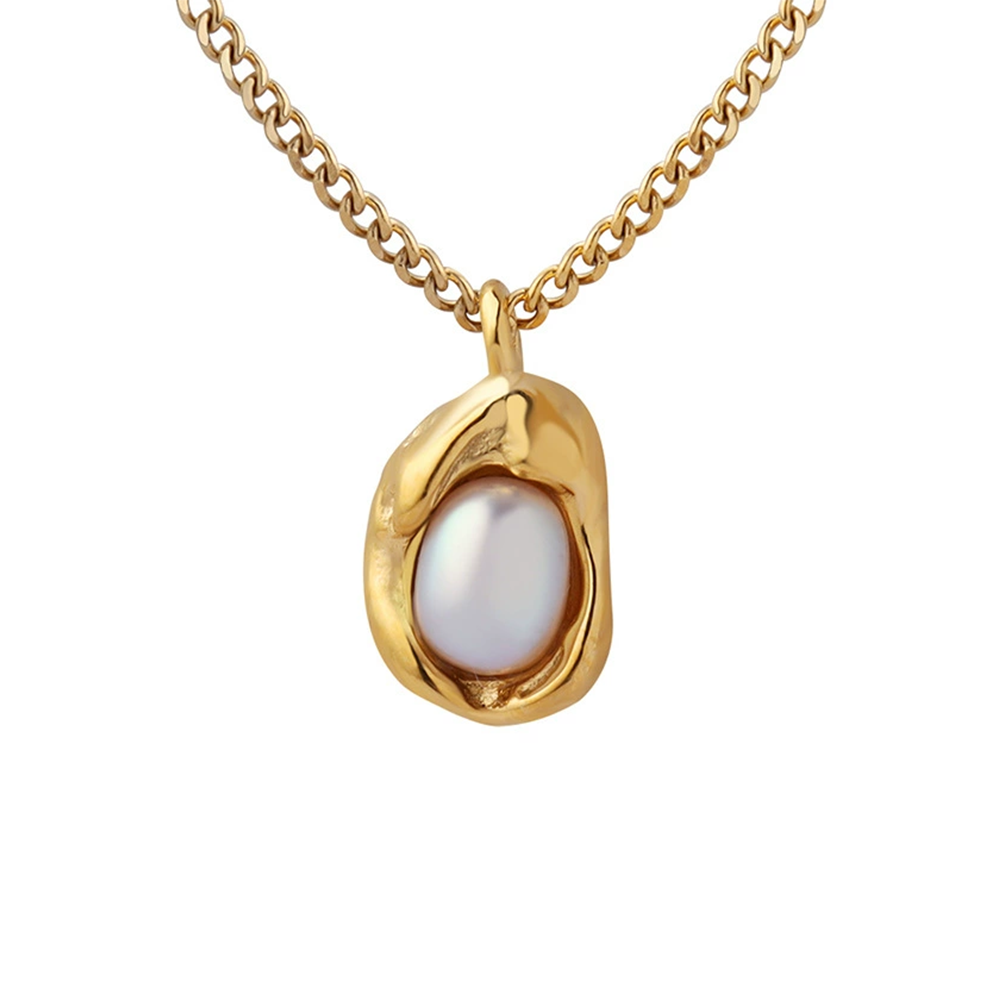 Gold Cuban Chain Necklace with Freshwater Pearl Pendant